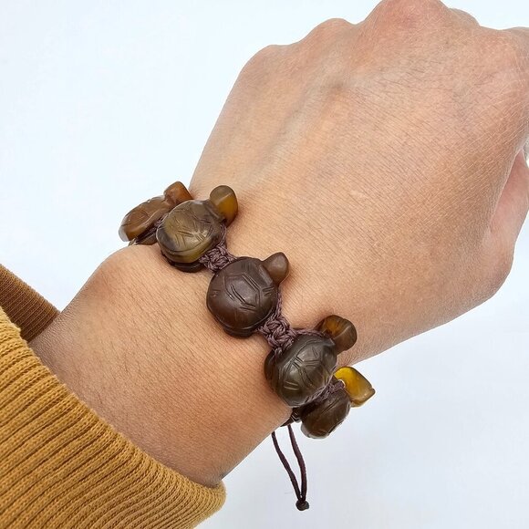 Vintage Hand Carved Stone Turtle Adjustable Rope Bracelet, Brown, One Size - Picture 5 of 12